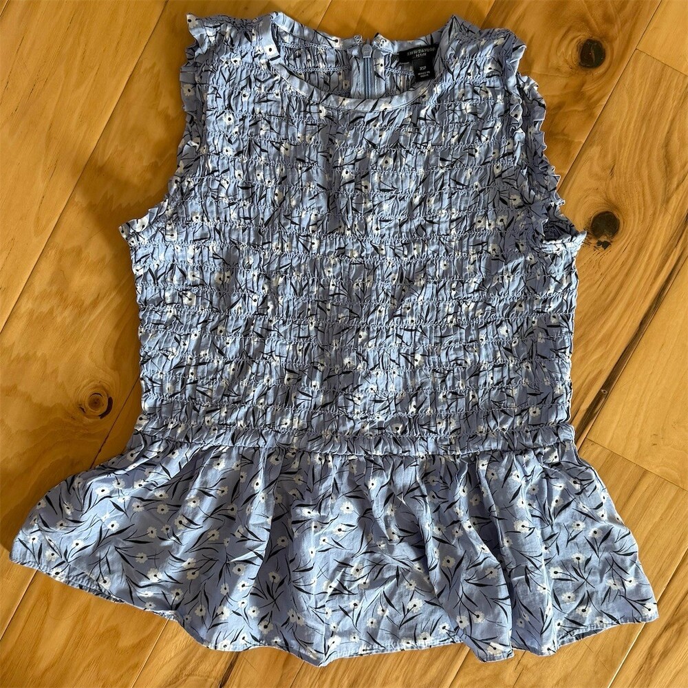 Ann Taylor Blouse Womens Petite XS Blue Floral Smocked Sleeveless Peplum
